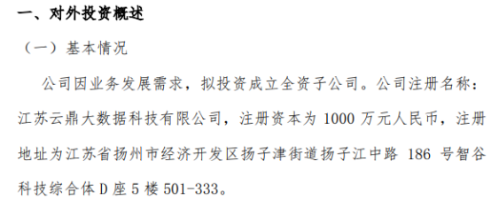 鼎集智能投資千萬成立江蘇云鼎大數據科技，布局第一類增值電信業務